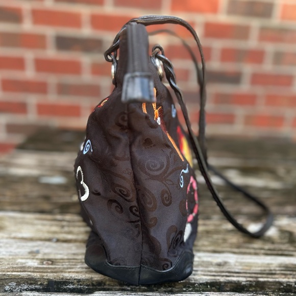 BRIGHTON Black Embroidered Shoulder Tote Handbag Purse Two Handle Zip Closure C4 - Picture 4 of 15